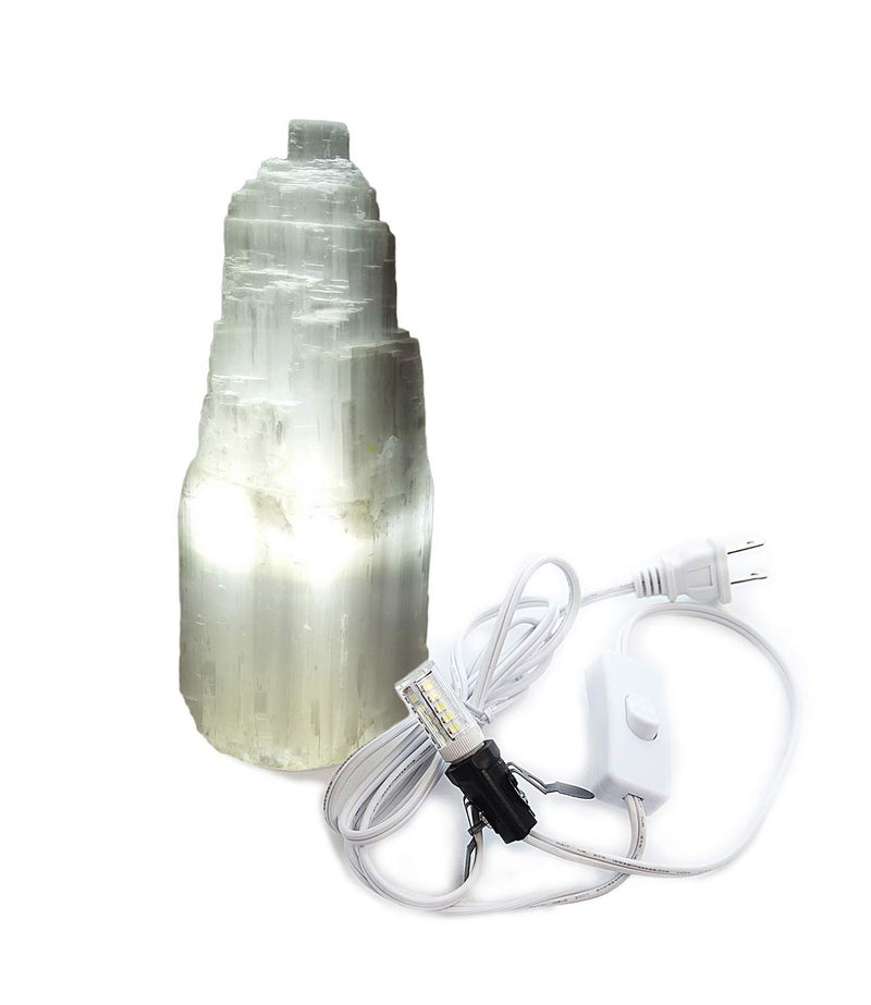 AMOYSTONE 8" Natural Selenite Crystal Lamp White Gemstones Skyscraper Tower Healing Lights Small, Include Led Bulb Switch - Image 1